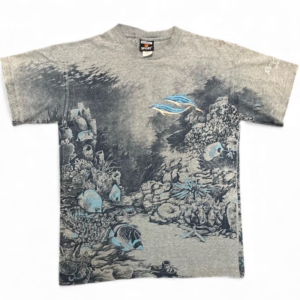 VTG Rainforest Cafe AOP T Shirt Mens L 90s USA Ocean Dolphin Single Stitch Gray